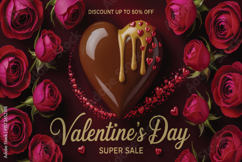 Luxurious Valentine's Day promo with glossy chocolate heart, dripping caramel, blooming roses, glowing particles, gold text, romantic lighting 