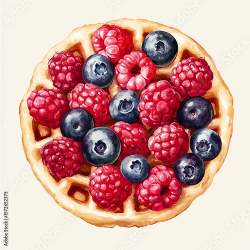 Delectable golden waffle topped with vibrant red raspberries and deep blue blueberries, creating a mouthwatering breakfast masterpiece with perfect color contrast and fresh fruit arrangement