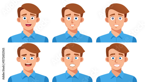 Cartoon Male Portraits with Emotions – Flat Illustrative Expressions of Light-Brown Haired Man