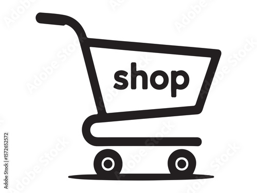 Simple black and white icon of a shopping cart with the word shop inside
