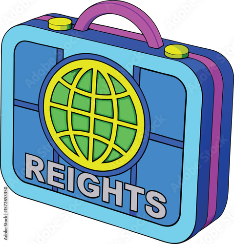 Blue briefcase with globe and text yellow purple