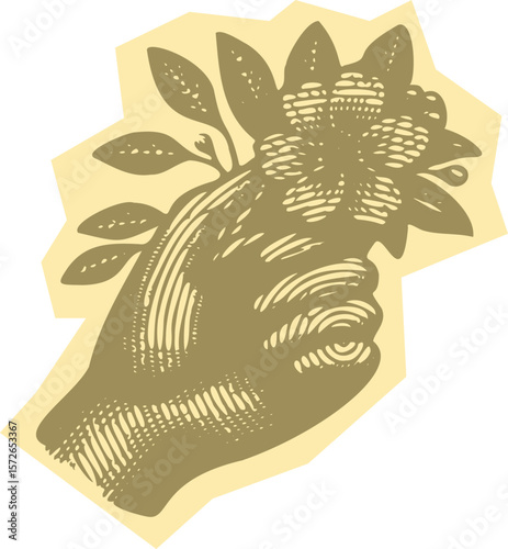  Paper cut style vibrant color vector illustration of a hand holding a blooming flower, heavy lined effect, postal stamp design, modern floral art, decorative botanical element, nature theme
