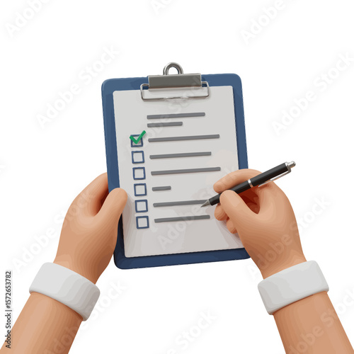 Animated hands holding a clipboard, completing a checklist with a pen.