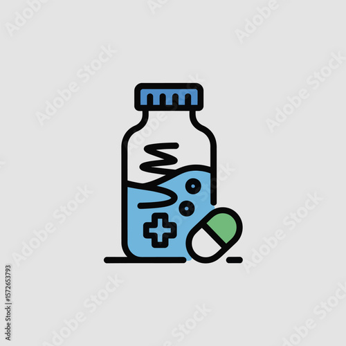 Minimalist Icon Illustration of a Blue Medicine Bottle Filled with Liquid and a Green and White Capsule Pill on a Light Gray Background