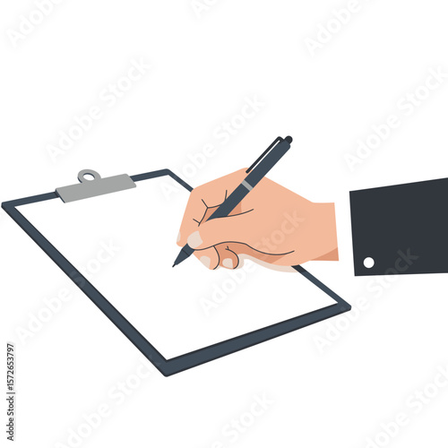 A hand in a suit jacket writing on a blank clipboard with a pen.