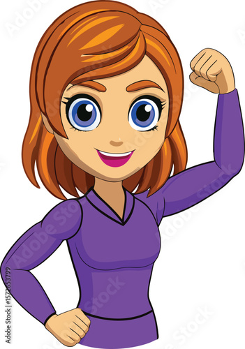 Cartoon woman flexing arm auburn hair blue eyes purple shirt strength power