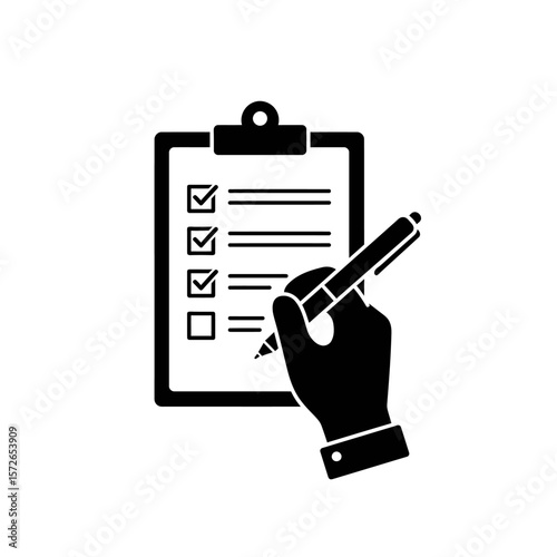 A hand holding a pen and marking a checklist on a clipboard.