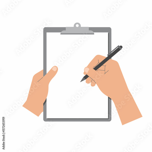 A person's hands holding a clipboard and writing on the blank paper.