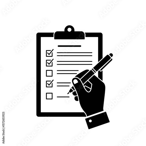 A hand holding a pen and marking a checklist on a clipboard.
