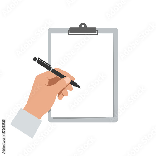 A hand holding a pen, writing on a blank clipboard.  Simple, clean illustration of note-taking.