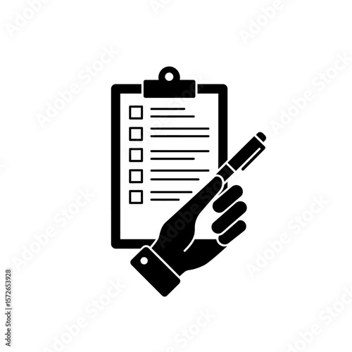 Hand holding pen, pointing to checklist on clipboard; task management, planning concept.