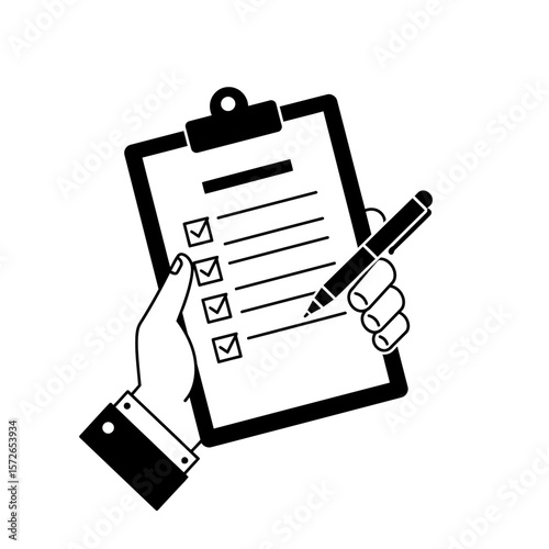 Hand holding clipboard with checklist and pen, completing tasks.