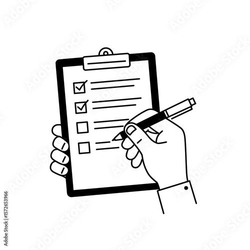Hand holding clipboard with checklist, pen marking a task.