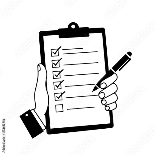 Hand holding a clipboard with checked boxes and a pen, indicating task completion or survey.