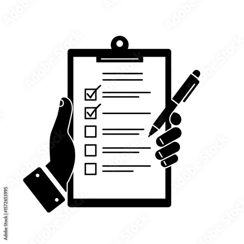 Hand holding clipboard with checklist and pen, marking items.