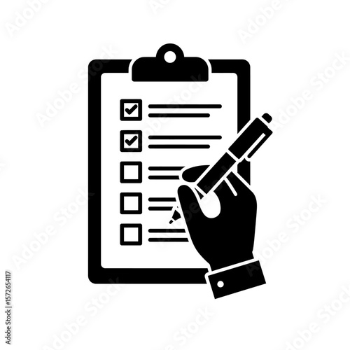 Hand holding pen marking checklist on clipboard.