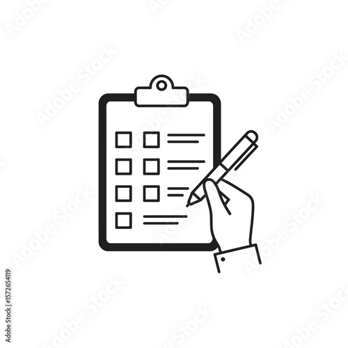 A hand holding a pen, completing a checklist on a clipboard.