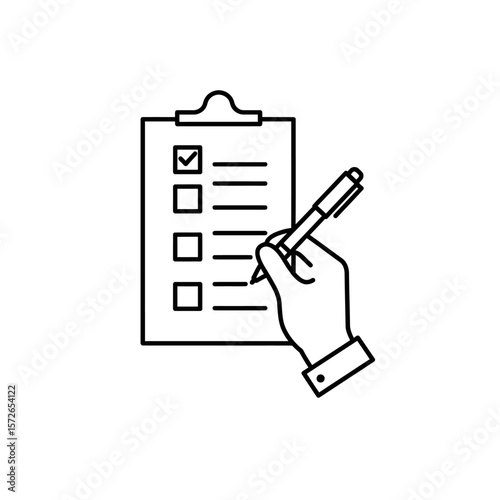 Hand holding a pen marks a checklist on a clipboard, indicating completion or confirmation.
