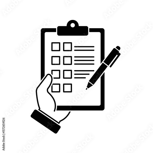 Hand holding a clipboard with checklist and pen, indicating completion or review.