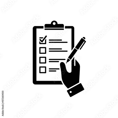 A hand holding a pen marks a checklist on a clipboard, with a checkmark in the first box.