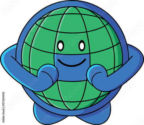 Cheerful green and blue cartoon globe character with arms and legs planet earth