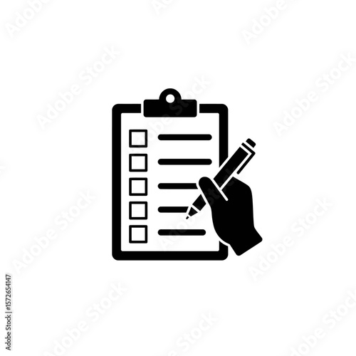 Hand completing checklist on clipboard;  tasks, planning, organization, management.