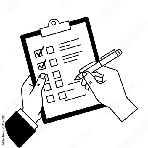 Two hands holding a clipboard with a checklist, pen marking a box.