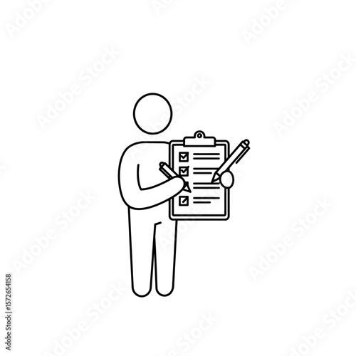 Simple line drawing depicts a person holding a clipboard, taking notes.