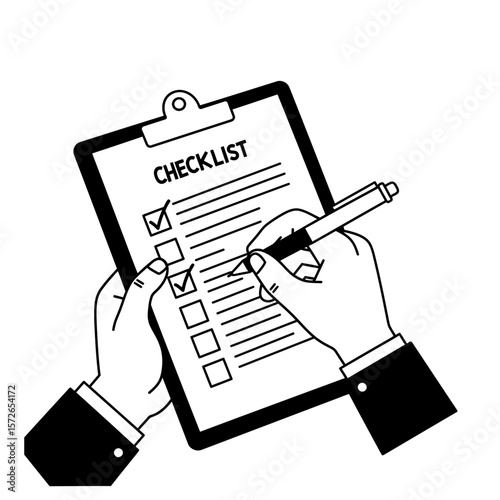 Two hands holding a clipboard with a checklist, pen marking items.