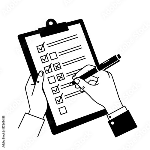 A person's hands filling out a checklist on a clipboard with a pen.