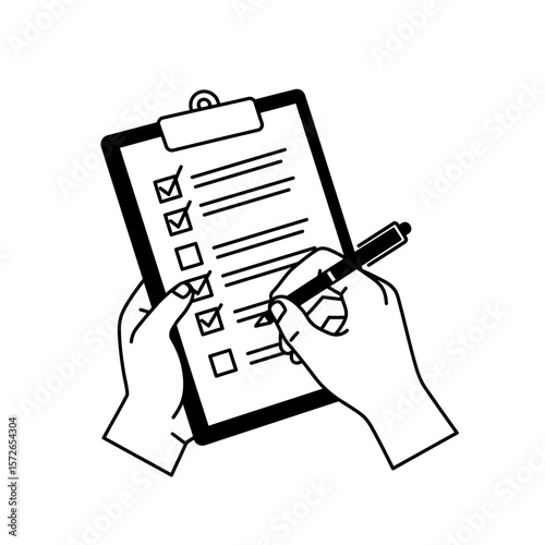 Hands holding a clipboard with a checklist, marking items with a pen.