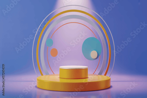 Minimalist 3D podium with pastel gradient, geometric accents, coral arch, and matte contemporary finish throughout 