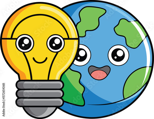 Cheerful lightbulb and planet earth characters globe cartoon vector