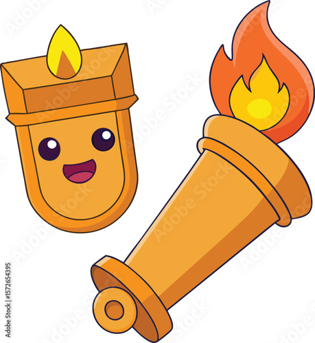 Cheerful orange torch and candle with flames fire