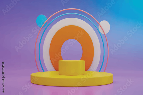 Minimalist 3D podium with pastel gradient, geometric accents, coral arch, and matte contemporary finish throughout 