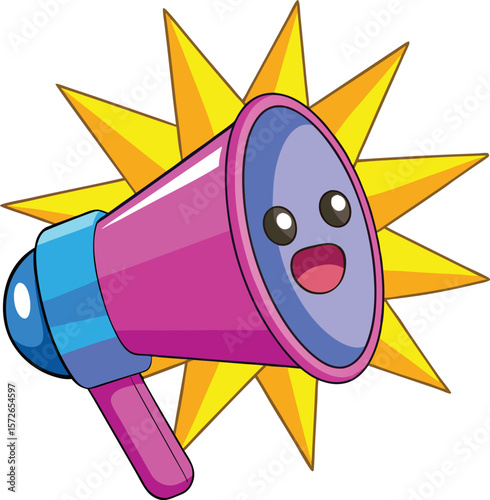 Cheerful pink blue megaphone yellow starburst cartoon vector