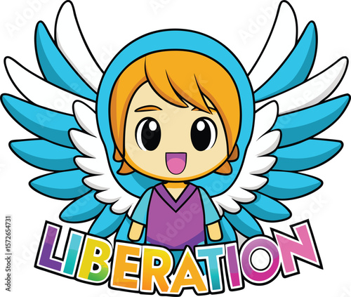 Cheerful winged character with colorful text cartoon blue