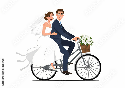 Newlywed Couple on a Tandem Bicycle A Wedding Day Illustration