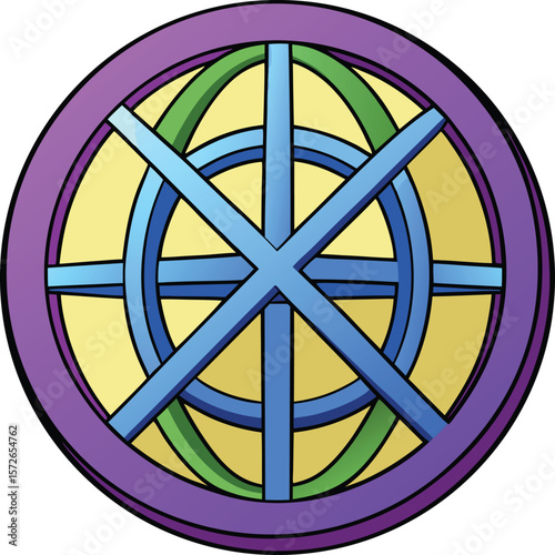 Circular emblem intersecting blue lines green arcs yellow background purple border vector