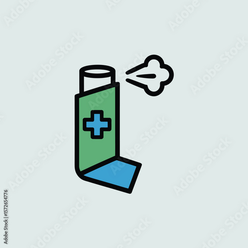 Minimalist Icon Illustration of a Green and Blue Inhaler with a Plus Symbol Dispensing a White Vapor Against a Light Blue Background