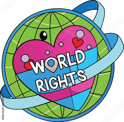 Colorful globe heart with text world rights and ribbon vector