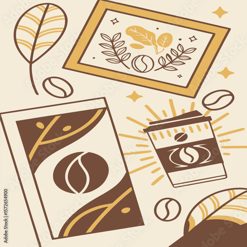 Beige Brown Yellow Coffee Shop Graphic Coffee Beans Leaves Artwork