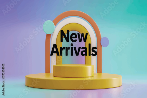 Minimalist 3D podium with pastel gradient, geometric accents, coral arch, and matte contemporary finish throughout 
