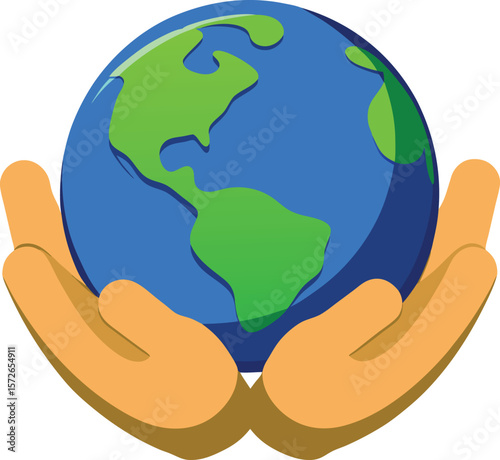 Cupped hands holding planet earth blue green continents globe caring vector