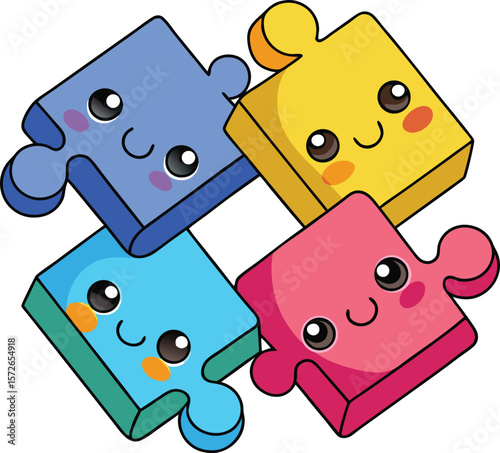Four smiling puzzle pieces blue yellow pink and teal cute cartoon