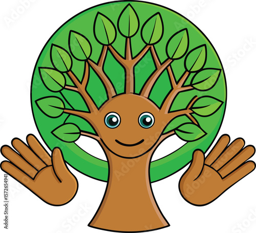 Friendly cartoon tree with green leaves and open hands brown trunk