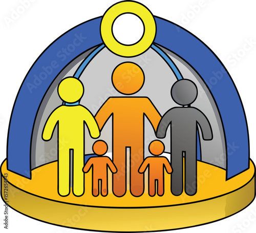 Diverse family group under protective archway with golden circle people diversity