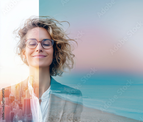 Inner Balance - Double-Exposure Portrait: Woman Merged with Cityscape and Ocean