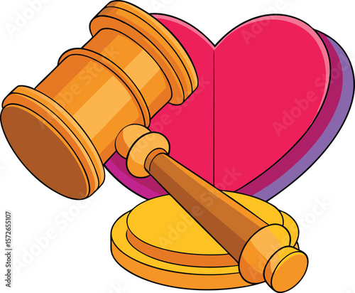 Golden gavel striking pink heart with purple outline judge justice vector