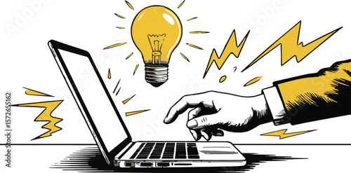 Dynamic Illustration of a Hand Interacting with a Laptop Keyboard, with a Glowing Lightbulb and Energetic Lightning Bolts Emanating from the Screen,Symbolizing Digital Innovation and Creative Solution